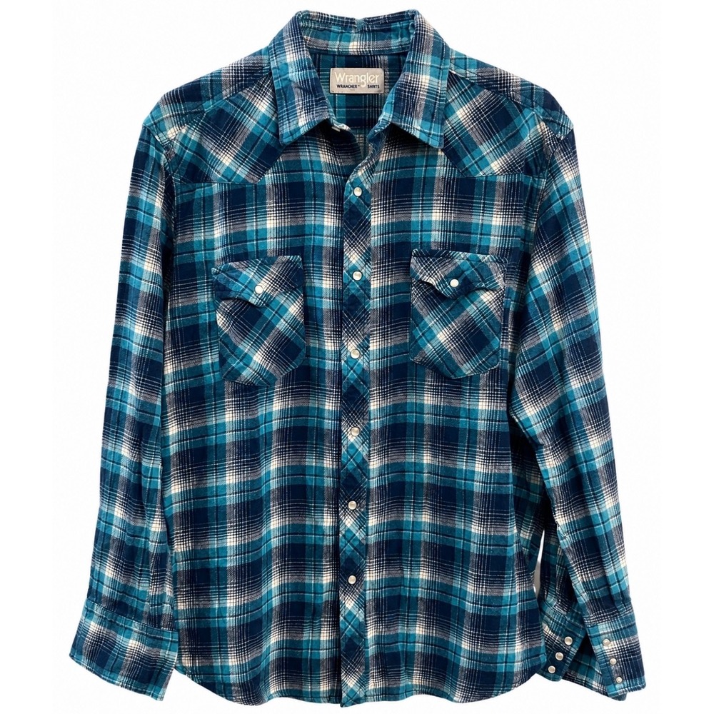 VTG Wrangler Wrancher Western Pearl Snap Plaid Flannel Shirt Men's XL Blue Teal